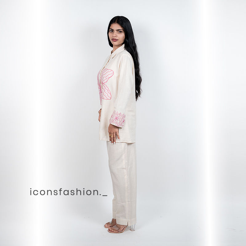 Women’s-off-white-co-ord-set-with-embroidered-and-shirt-style-top-and-pants