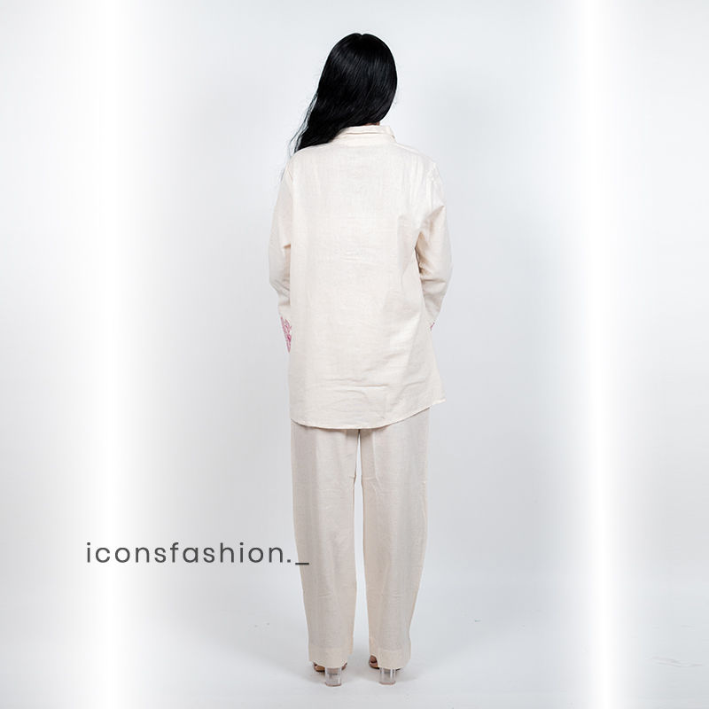 Women’s-off-white-co-ord-set-with-embroidered-and-shirt-style-top-and-pants