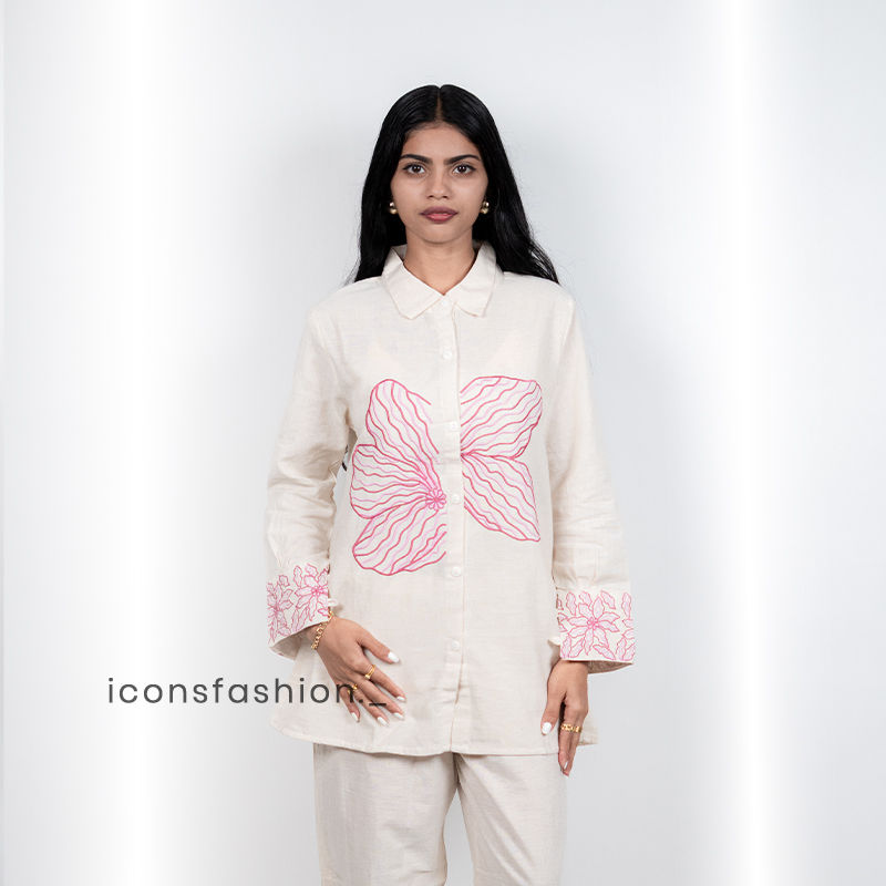 Women’s-off-white-co-ord-set-with-embroidered-and-shirt-style-top-and-pants