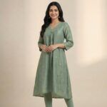 Women’s-sage-green-A-line-kurta-dress-with-gold-motif-print-and-V-neck