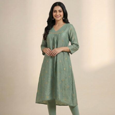 Women’s-sage-green-A-line-kurta-dress-with-gold-motif-print-and-V-neck