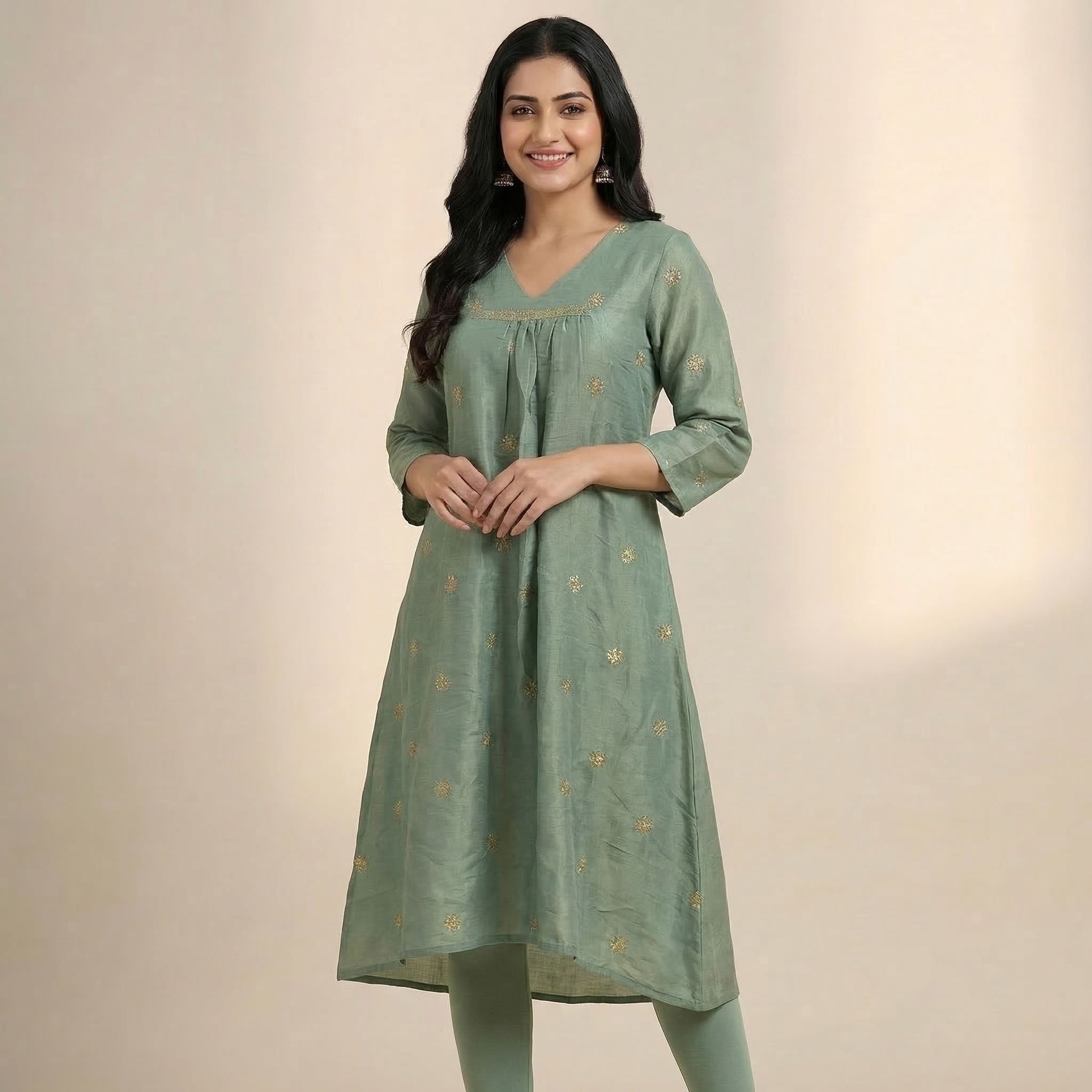 Women’s-sage-green-A-line-kurta-dress-with-gold-motif-print-and-V-neck