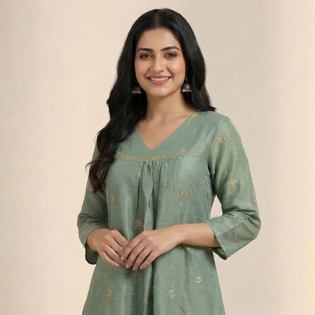 Women’s-sage-green-A-line-kurta-dress-with-gold-motif-print-and-V-neck