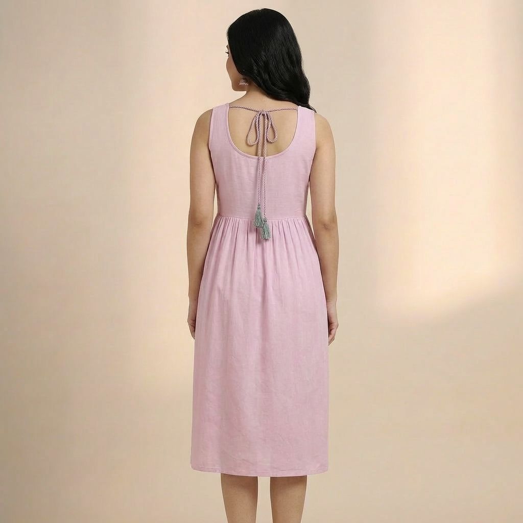 Women-pink-midi-dress-with-embroidered-yoke-and-sleeveless-design