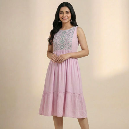 Women-pink-midi-dress-with-embroidered-yoke-and-sleeveless-design
