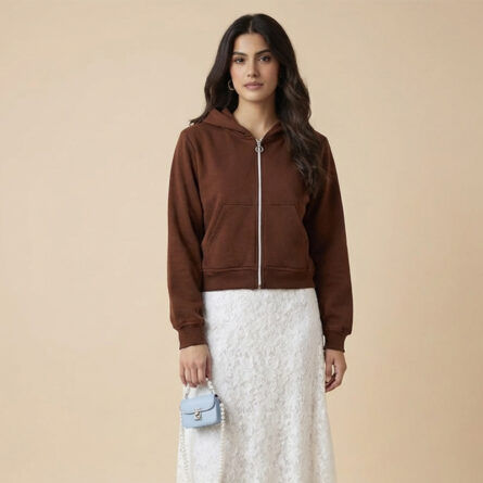Women’s-brown-zip-up-hoodie-with-front-pockets-and-hooded-neck