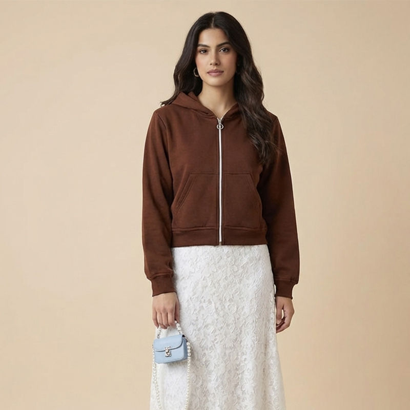Women’s-brown-zip-up-hoodie-with-front-pockets-and-hooded-neck
