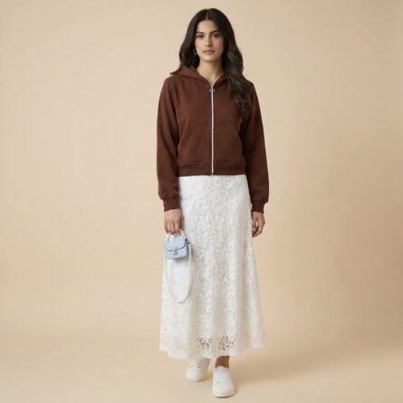 Women’s-brown-zip-up-hoodie-with-front-pockets-and-hooded-neck