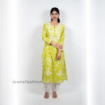 Womens-lime-green-embroidery-kurta-set-with-straight-cut-kurta-round-neckline-three-quarter-sleeves-and-white-lace-detailed-straight-pants