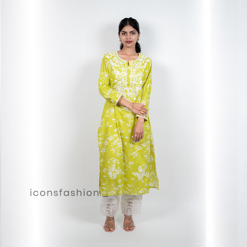 Womens-lime-green-embroidery-kurta-set-with-straight-cut-kurta-round-neckline-three-quarter-sleeves-and-white-lace-detailed-straight-pants