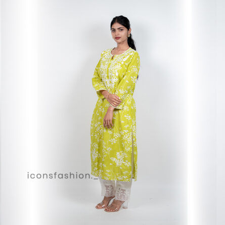 Womens-lime-green-embroidery-kurta-set-with-straight-cut-kurta-round-neckline-three-quarter-sleeves-and-white-lace-detailed-straight-pants