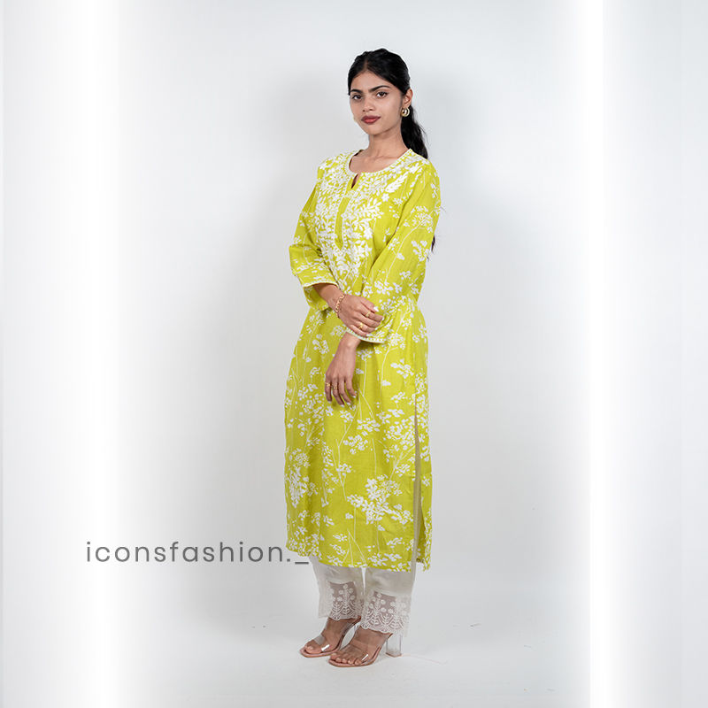 Womens-lime-green-embroidery-kurta-set-with-straight-cut-kurta-round-neckline-three-quarter-sleeves-and-white-lace-detailed-straight-pants