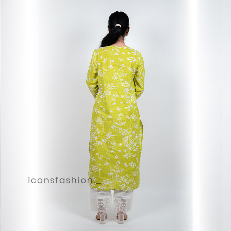 Womens-lime-green-embroidery-kurta-set-with-straight-cut-kurta-round-neckline-three-quarter-sleeves-and-white-lace-detailed-straight-pants