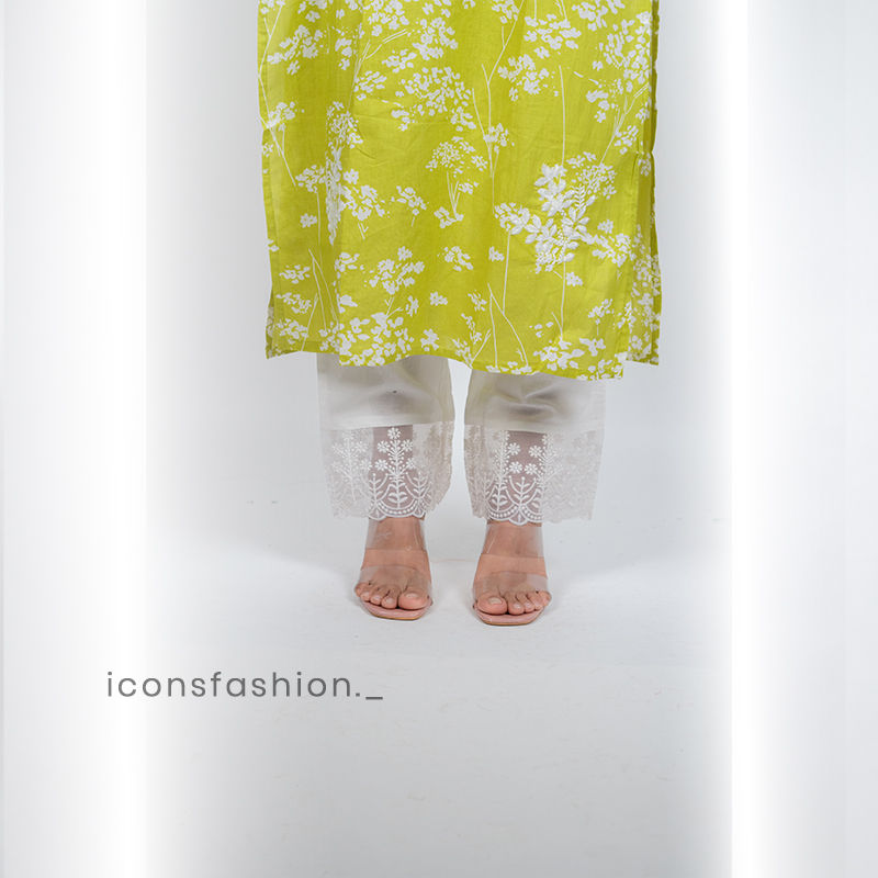 Womens-lime-green-embroidery-kurta-set-with-straight-cut-kurta-round-neckline-three-quarter-sleeves-and-white-lace-detailed-straight-pants