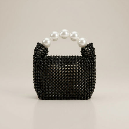 Black-beaded-mini-handbag-with-white-pearl-top-handle-structured-evening-bag