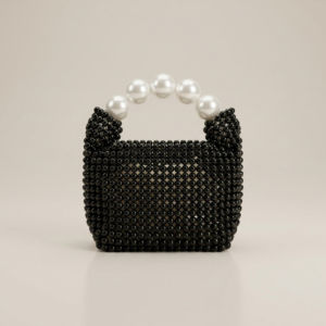 Black-beaded-mini-handbag-with-white-pearl-top-handle-structured-evening-bag