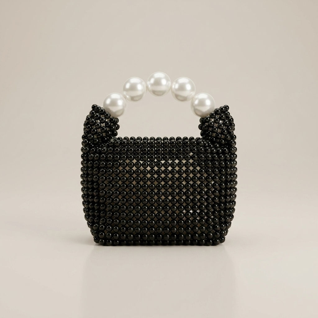 Black-beaded-mini-handbag-with-white-pearl-top-handle-structured-evening-bag