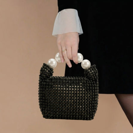 Black-beaded-mini-handbag-with-white-pearl-top-handle-structured-evening-bag