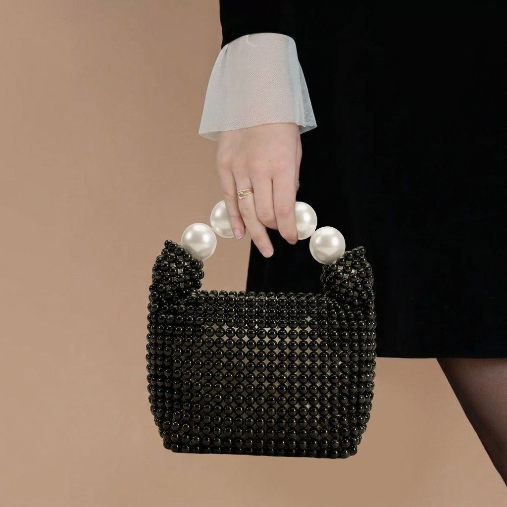 Black-beaded-mini-handbag-with-white-pearl-top-handle-structured-evening-bag