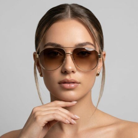 Women’s-gold-frame-aviator-sunglasses-with-brown-gradient-tinted-lenses-and-thin-metal-frame