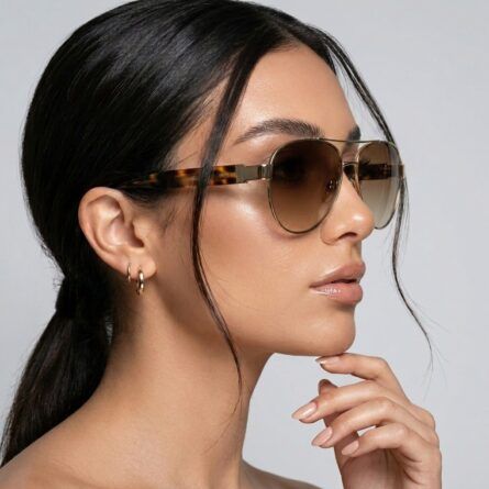 Women’s-gold-frame-aviator-sunglasses-with-brown-gradient-tinted-lenses-and-thin-metal-frame
