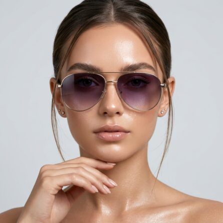 Women’s-gold-frame-aviator-sunglasses-with-purple-gradient-lenses-held-in-hand-against-neutral-background