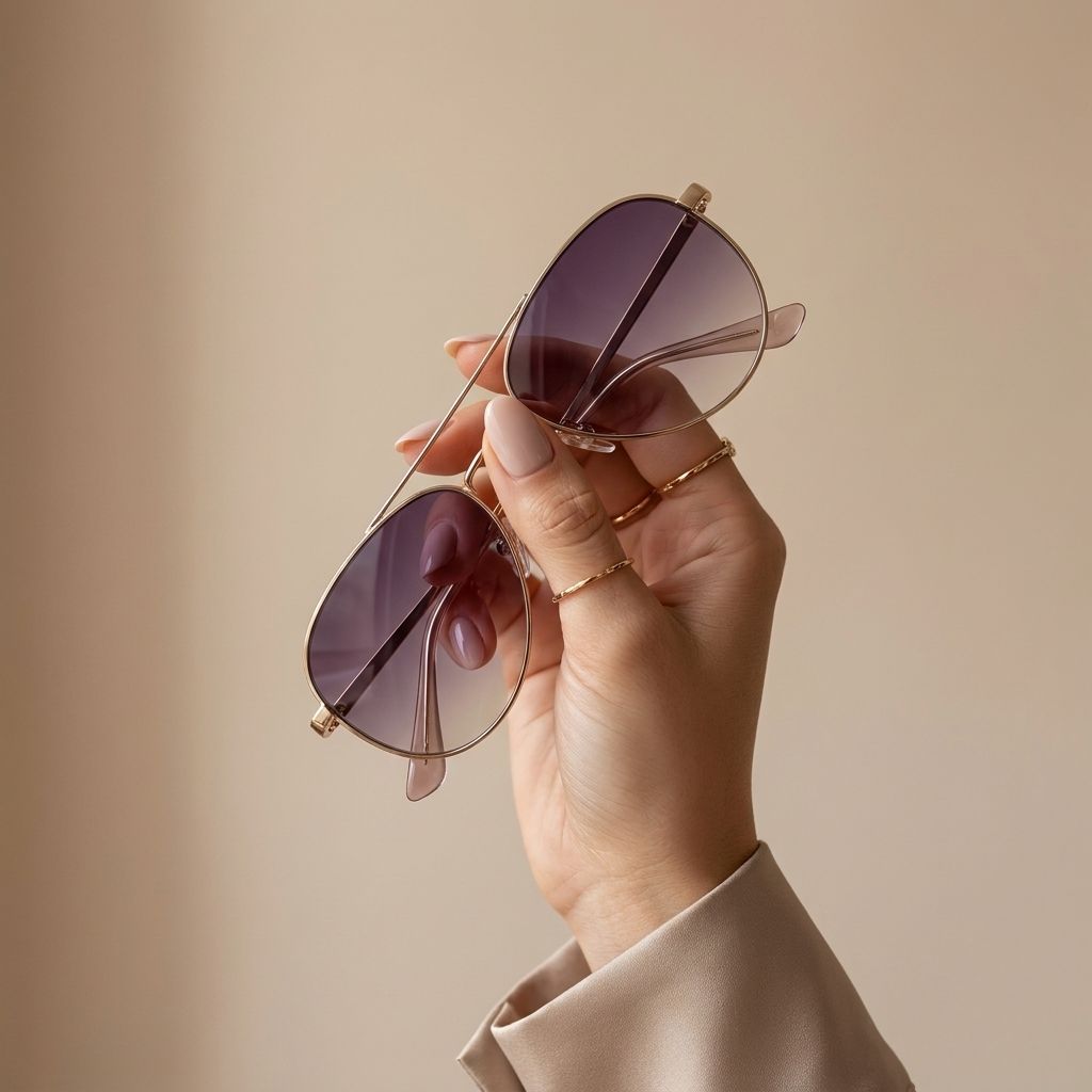 Women’s-gold-frame-aviator-sunglasses-with-purple-gradient-lenses-held-in-hand-against-neutral-background