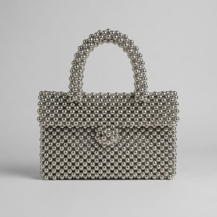 Silver-beaded-handbag-with-top-handle-and-flap-closure-structured-evening-bag