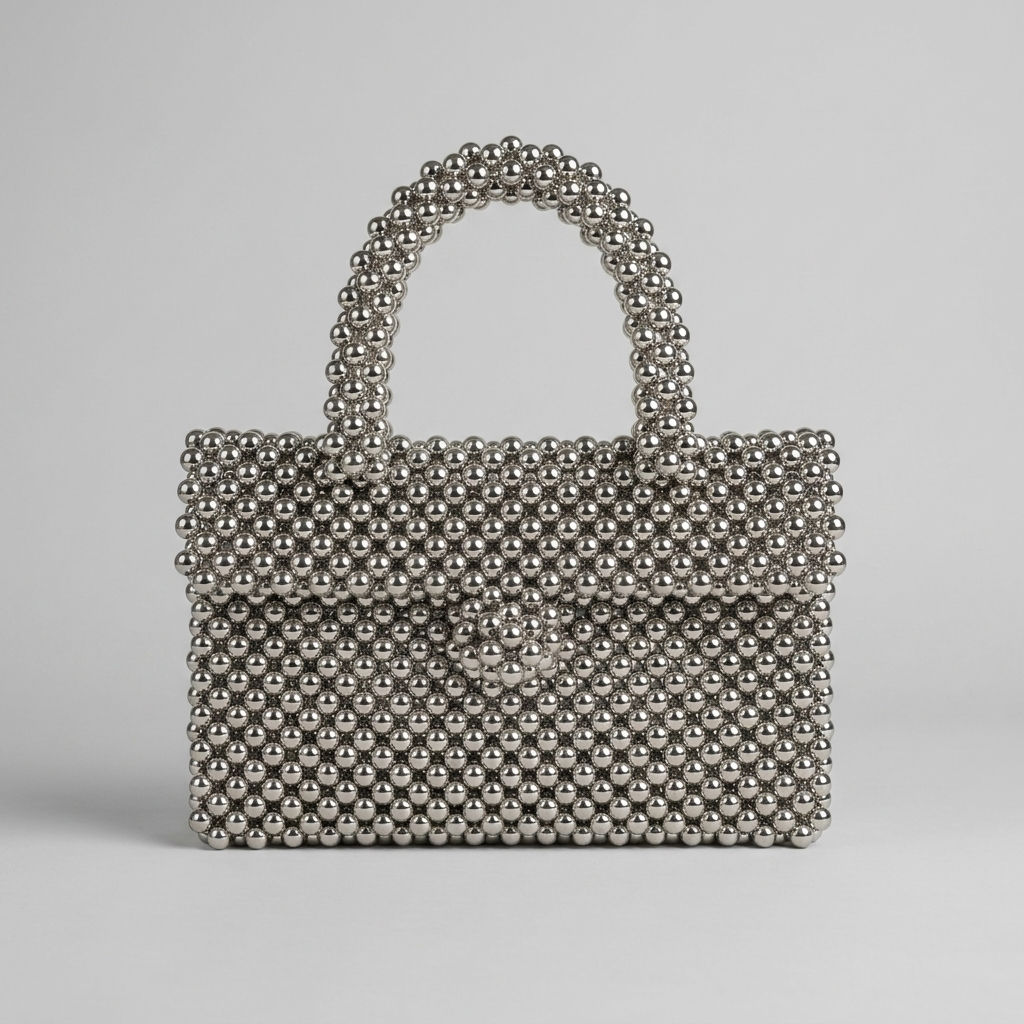 Silver-beaded-handbag-with-top-handle-and-flap-closure-structured-evening-bag