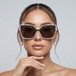 Women’s-oversized-white-cat-eye-sunglasses-with-brown-gradient-lenses-held-in-hand-against-neutral-background