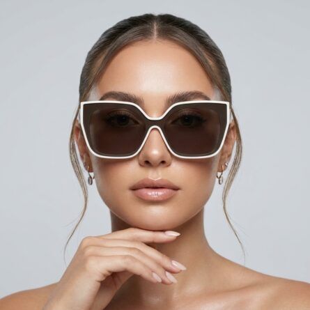 Women’s-oversized-white-cat-eye-sunglasses-with-brown-gradient-lenses-held-in-hand-against-neutral-background