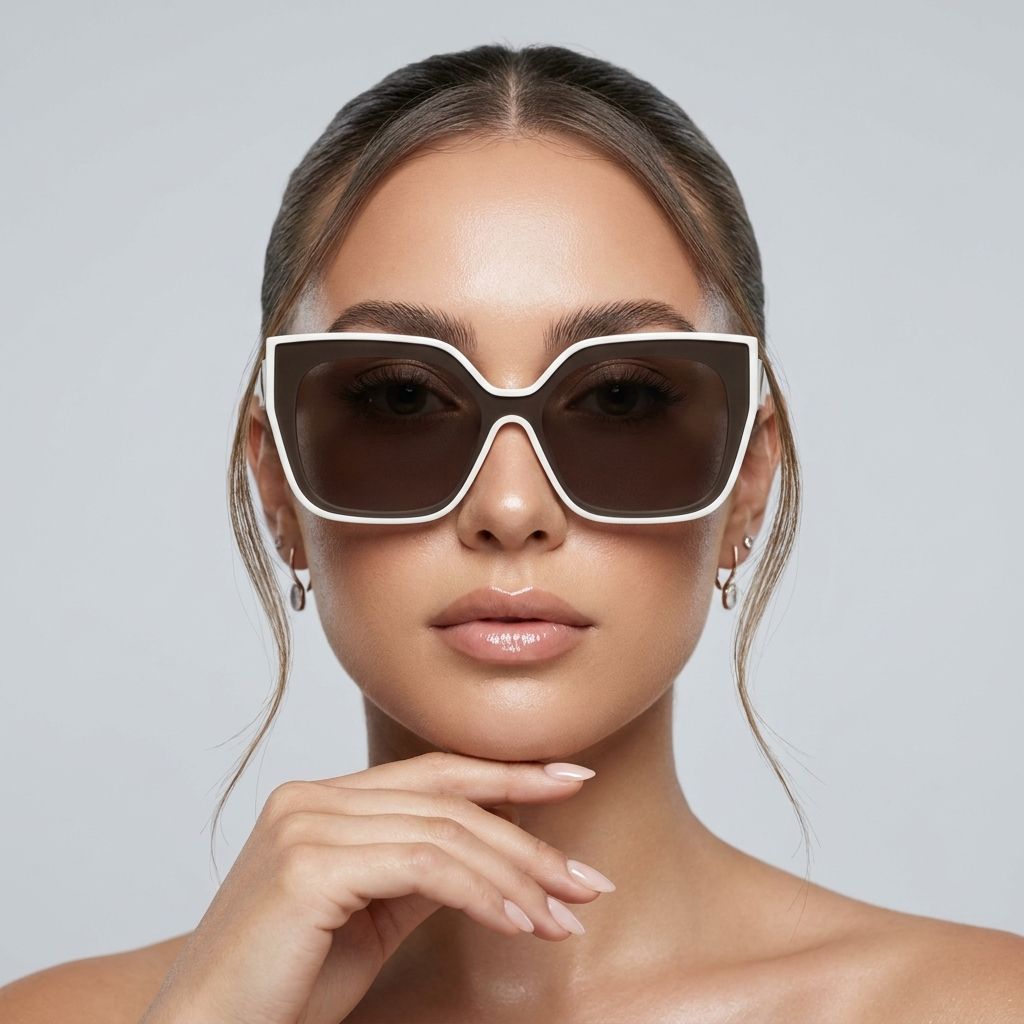 Women’s-oversized-white-cat-eye-sunglasses-with-brown-gradient-lenses-held-in-hand-against-neutral-background