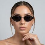 Women’s-black-oval-sunglasses-with-slim-metal-frame-and-dark-tinted-lenses