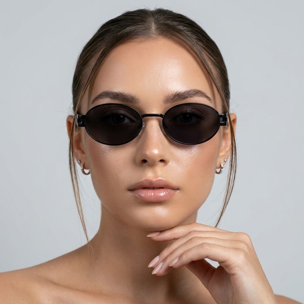 Women’s-black-oval-sunglasses-with-slim-metal-frame-and-dark-tinted-lenses