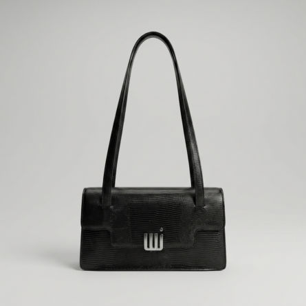 Black-structured-shoulder-bag-with-flap-closure-and-long-straps-textured-handbag