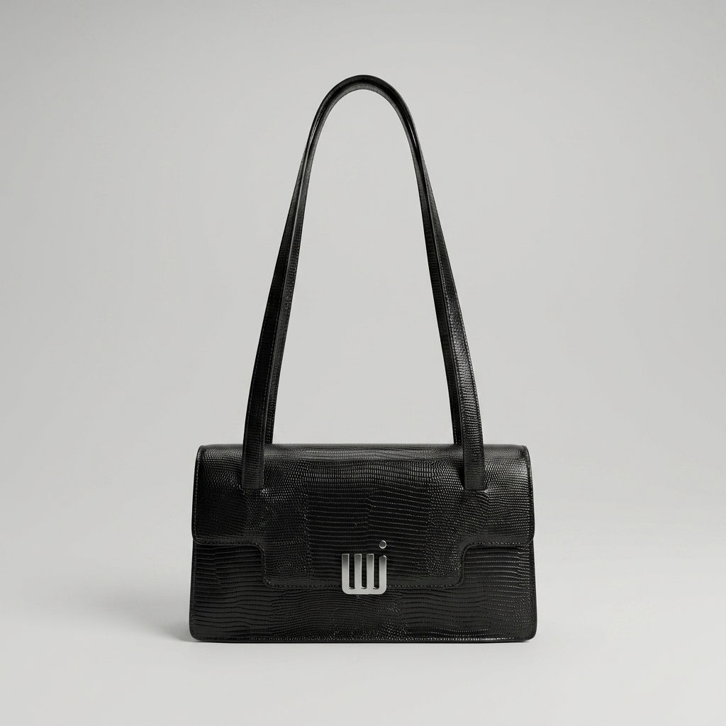 Black-structured-shoulder-bag-with-flap-closure-and-long-straps-textured-handbag