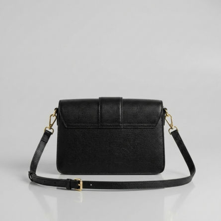 Black-structured-flap-shoulder-bag-with-gold-hardware-and-adjustable-crossbody-strap