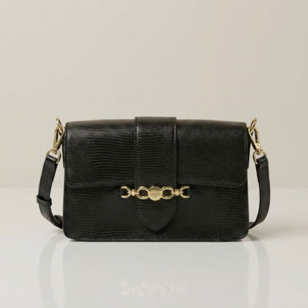 Black-structured-flap-shoulder-bag-with-gold-hardware-and-adjustable-crossbody-strap
