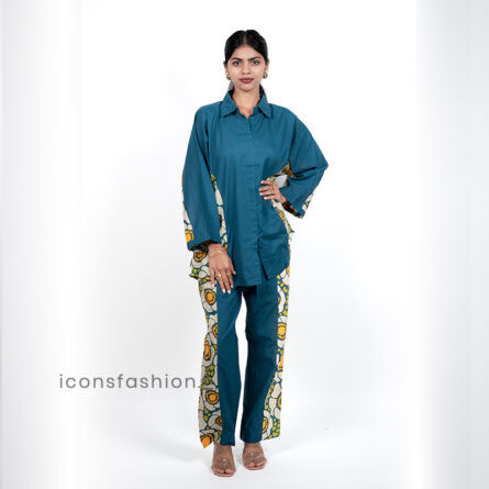 Womens-blue-co-ord-set-with-contrast-floral-panel-and-straight-pants