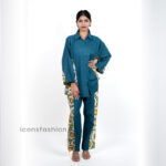 Womens-blue-co-ord-set-with-contrast-floral-panel-and-straight-pants