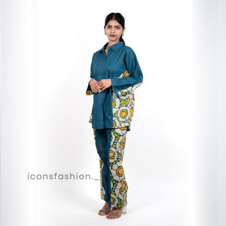 Womens-blue-co-ord-set-with-contrast-floral-panel-and-straight-pants