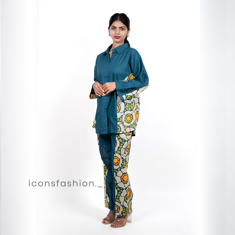 Womens-blue-co-ord-set-with-contrast-floral-panel-and-straight-pants