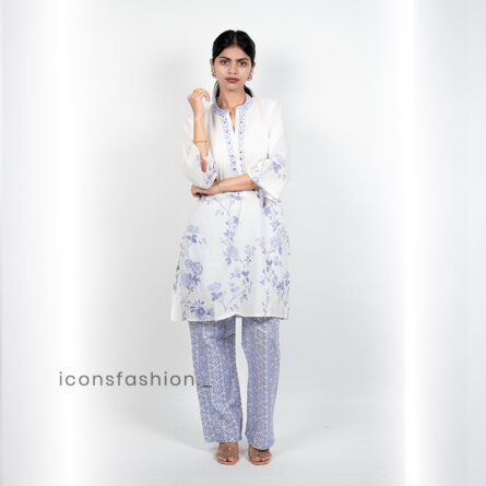 Women’s-white-and-lavender-floral-printed-kurta-set-V-slit-neckline-and-straight-fit-pants