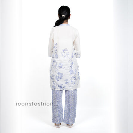 Women’s-white-and-lavender-floral-printed-kurta-set-V-slit-neckline-and-straight-fit-pants