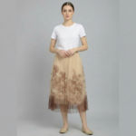Women’s-beige-pleated-midi-skirt-with-sheer-mesh-overlay-and-vintage-artistic-print-detail