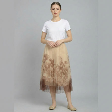 Women’s-beige-pleated-midi-skirt-with-sheer-mesh-overlay-and-vintage-artistic-print-detail