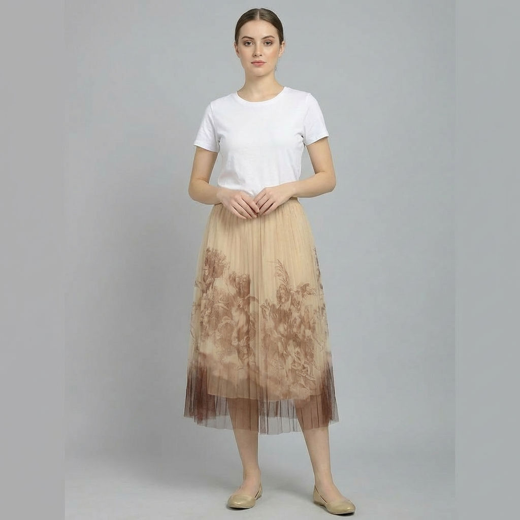 Women’s-beige-pleated-midi-skirt-with-sheer-mesh-overlay-and-vintage-artistic-print-detail