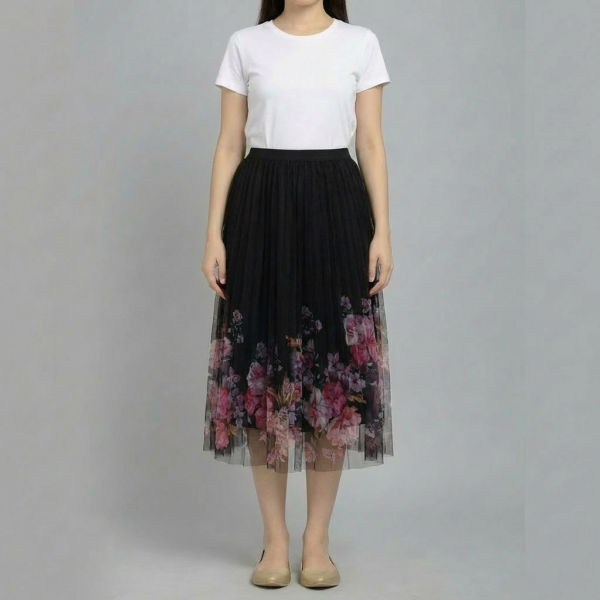 Women’s-black-midi-skirt-with-floral-printed-mesh-overlay-and-pleated-tulle-design