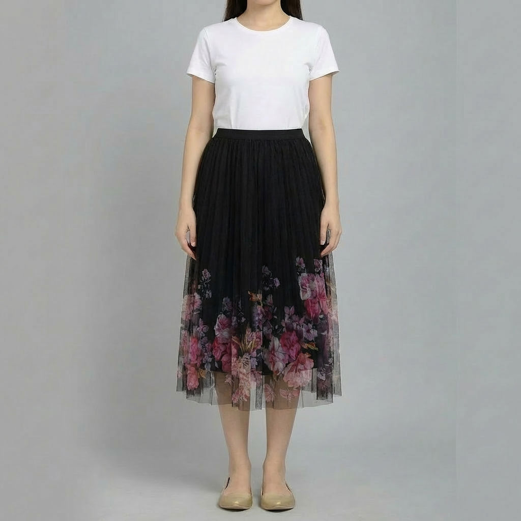 Women’s-black-midi-skirt-with-floral-printed-mesh-overlay-and-pleated-tulle-design