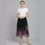 Women’s-black-midi-skirt-with-floral-printed-mesh-overlay-and-pleated-tulle-design